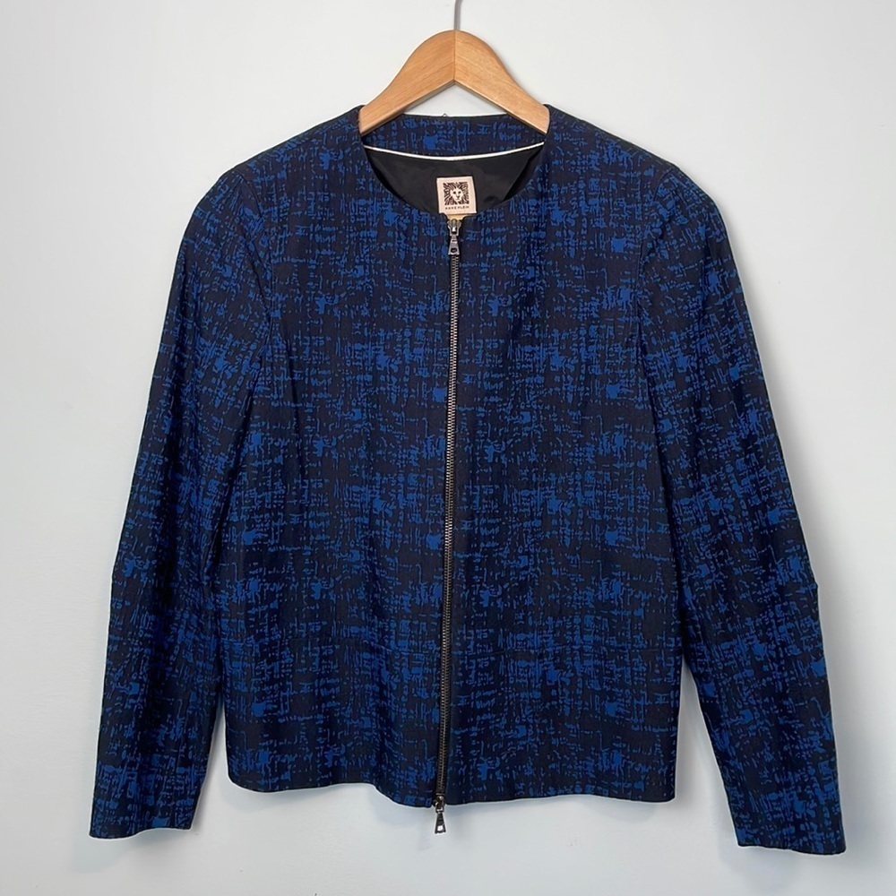 Anne Klein Blue/Black Collarless Zip Up Blazer Size 10